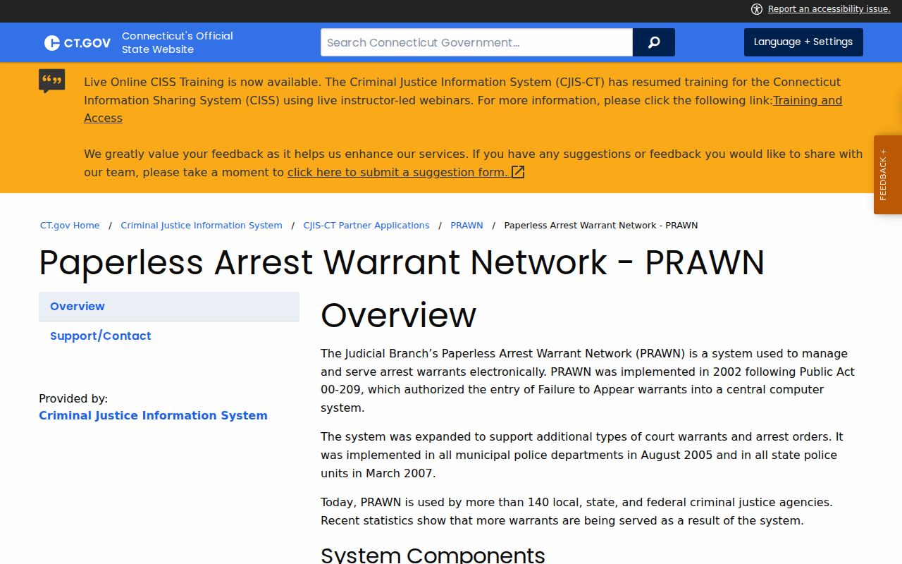 Official Connecticut PRAWN system overview for West Haven arrest warrant processing