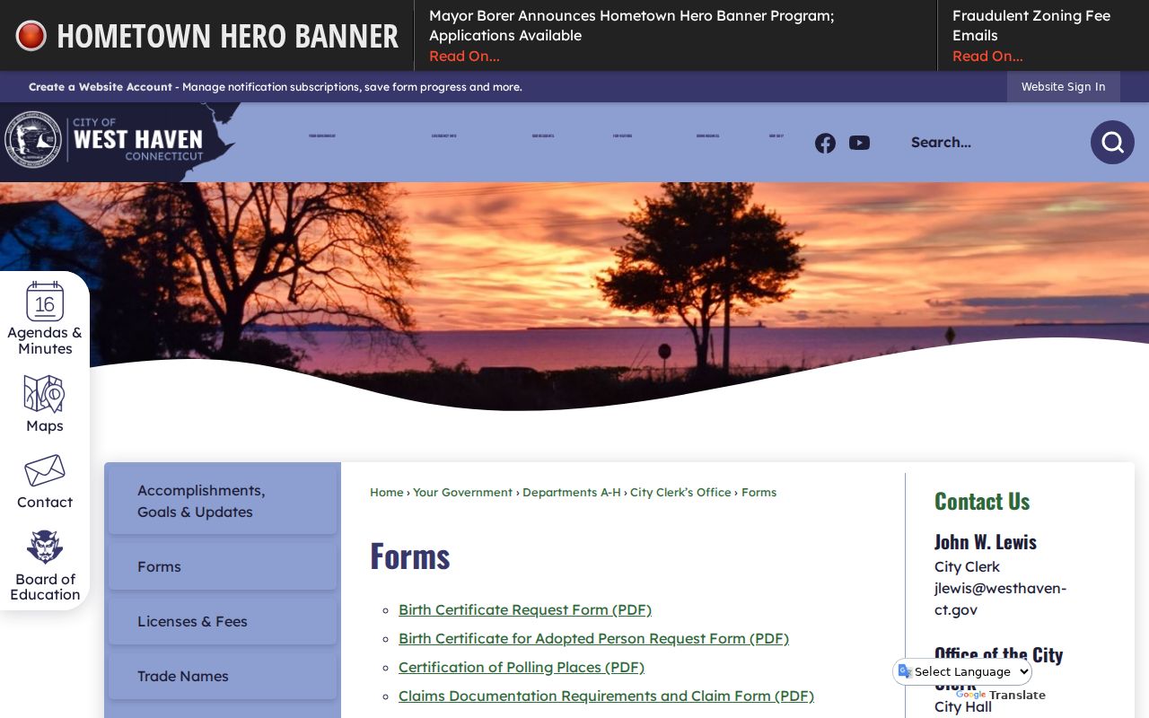 West Haven City Clerk forms page, which is not a municipal criminal warrant court