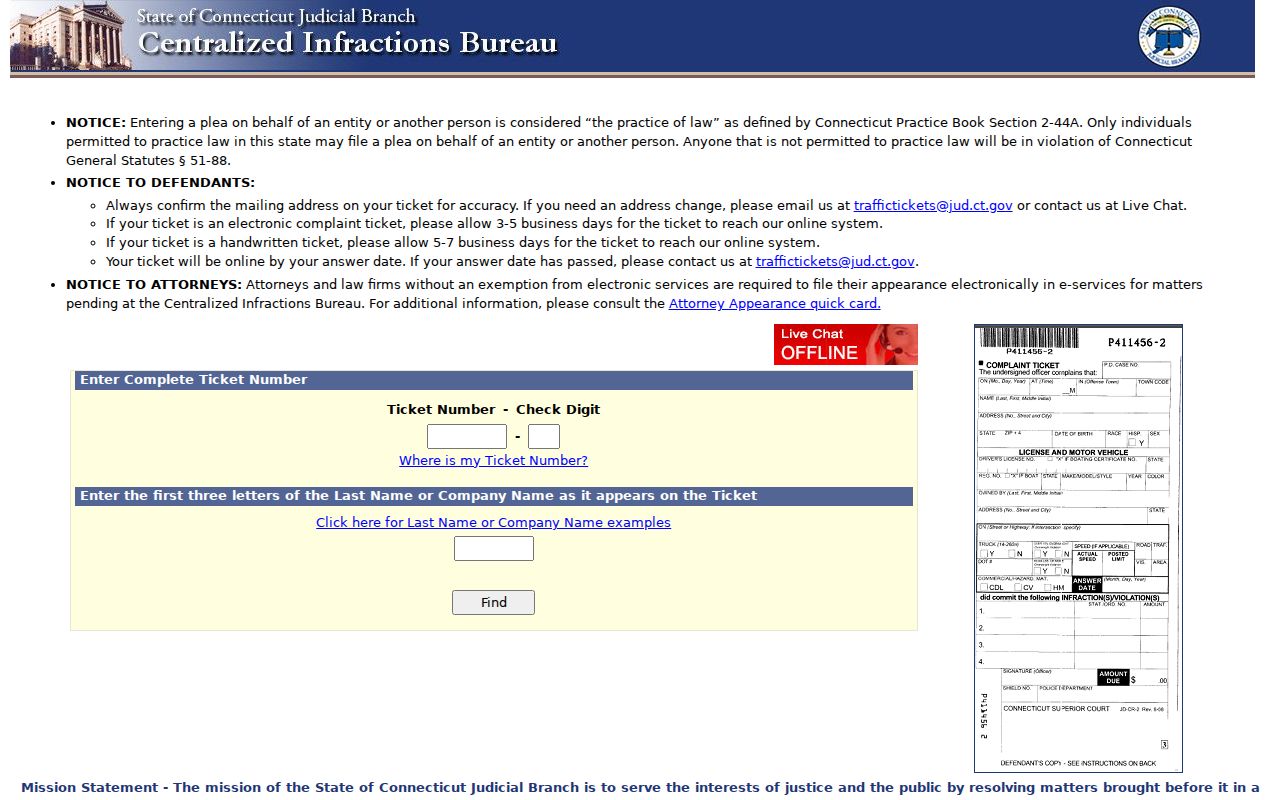 Connecticut CIB ticket lookup fields for a West Haven traffic court matter