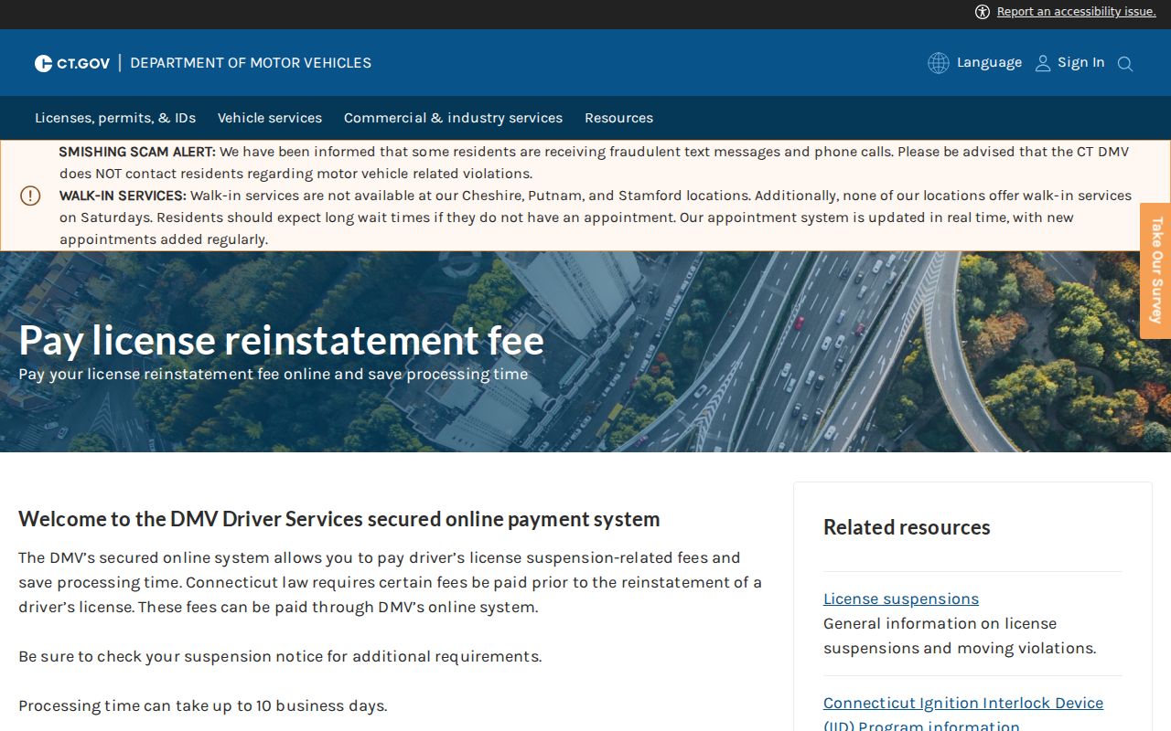 Connecticut DMV reinstatement payment information after a West Haven court notice