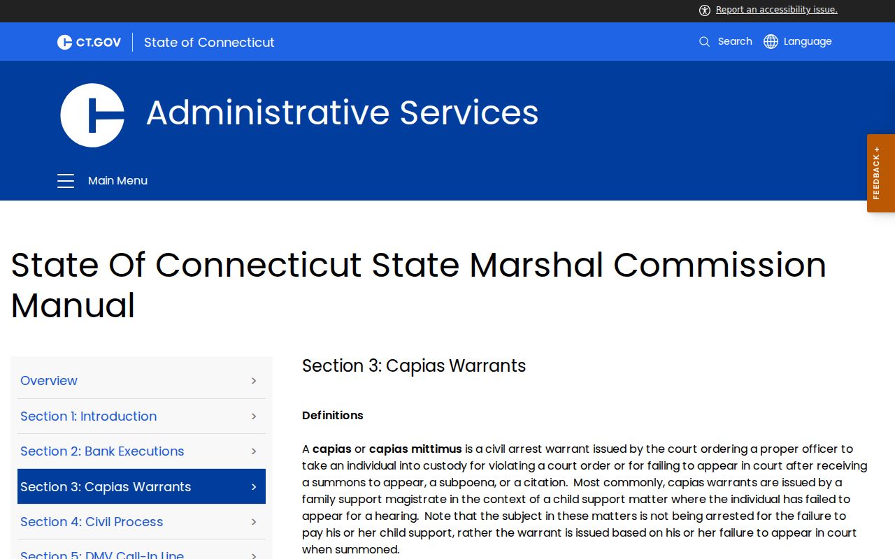 Connecticut civil capias guidance separate from West Haven bench warrants