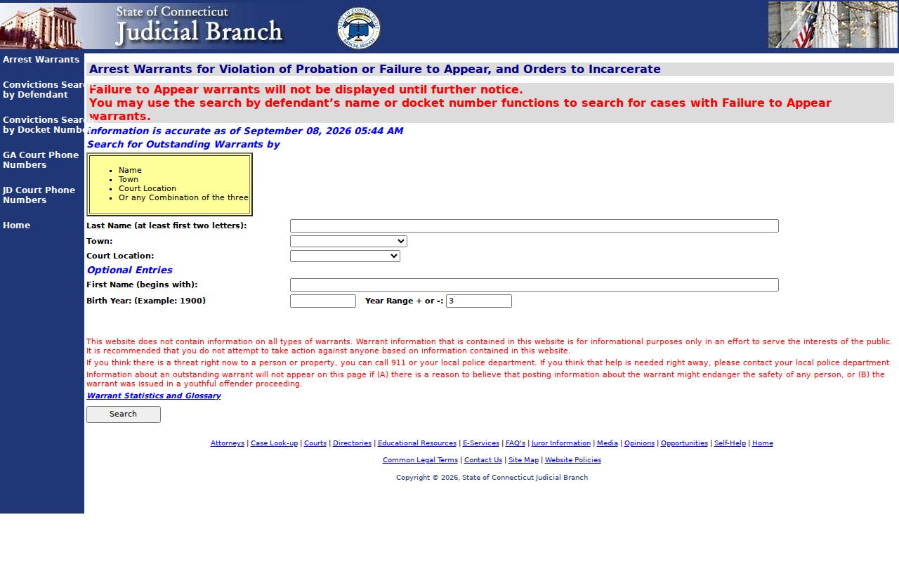 West Haven City warrant records public Judicial Branch interface